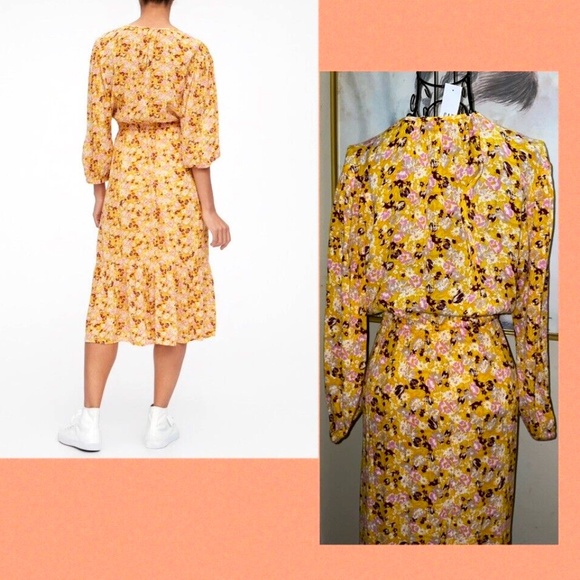GAP "THREE QUARTER SLEEVE FLUTTER DRESS~ GOLD FLORAL PRINT~DRAWSTRING WAIST~MED. - Picture 4 of 6